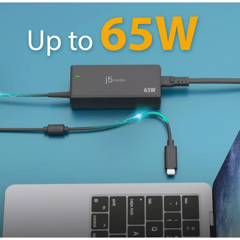 Adaptador de alimentación USB-C PD j5create JUP1265 — 65W, interior, negro, plástico, 118×32×50 mm (UE)