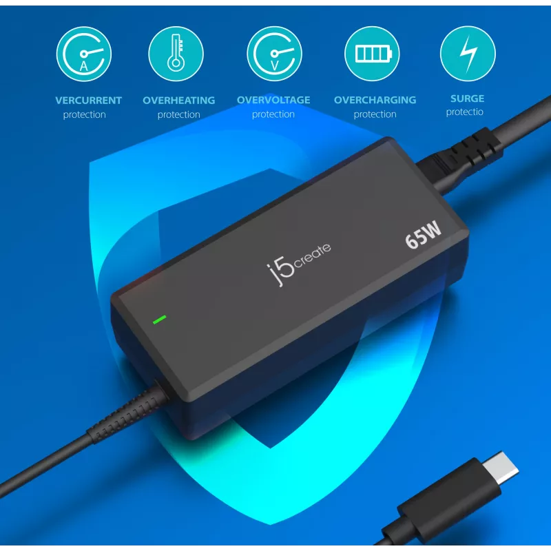 Adaptador de alimentación USB-C PD j5create JUP1265 — 65W, interior, negro, plástico, 118×32×50 mm (UE)
