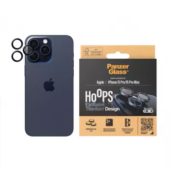 Protector de lente de cámara PanzerGlass Hoops iPhone 15 Pro 15 Pro Max azul titanio resistente a arañazos y golpes