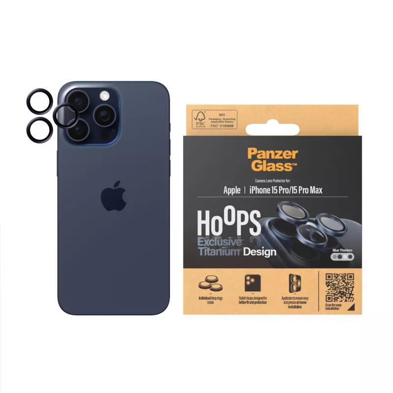 Protector de lente de cámara PanzerGlass Hoops iPhone 15 Pro 15 Pro Max azul titanio resistente a arañazos y golpes