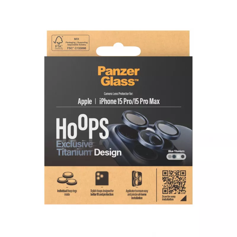 Protector de lente de cámara PanzerGlass Hoops iPhone 15 Pro 15 Pro Max azul titanio resistente a arañazos y golpes
