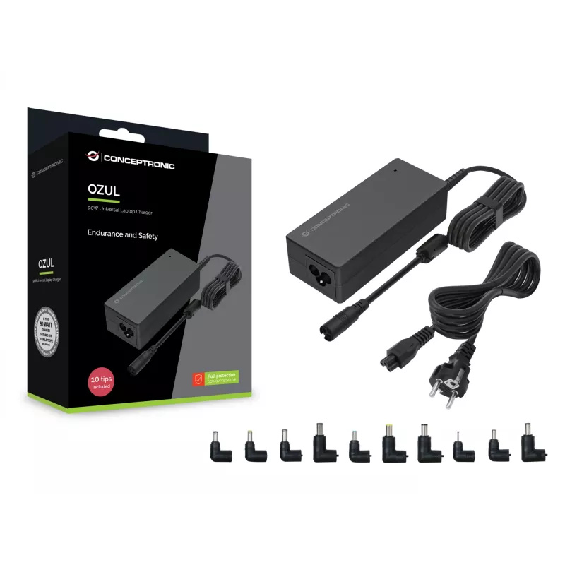 Conceptronic OZUL08B10 cargador universal para portátil de 90W, incluye 10 puntas de carga