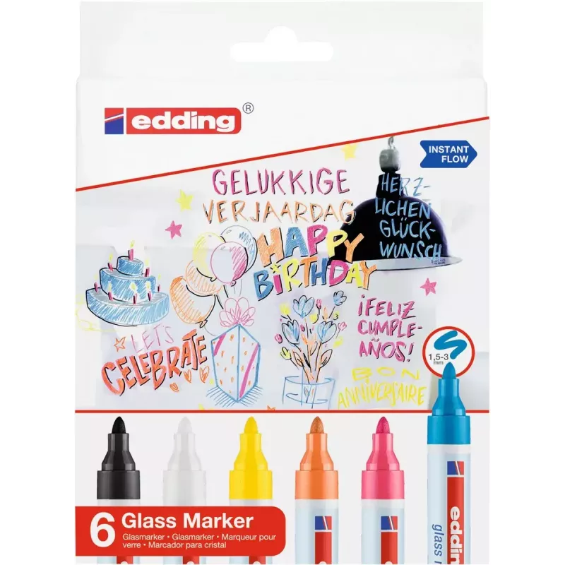 Rotulador para vidrio Edding 95 6 uds. punta redonda negro azul naranja rosa blanco amarillo
