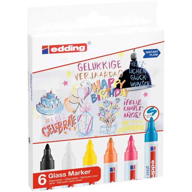 Rotulador para vidrio Edding 95 6 uds. punta redonda negro azul naranja rosa blanco amarillo