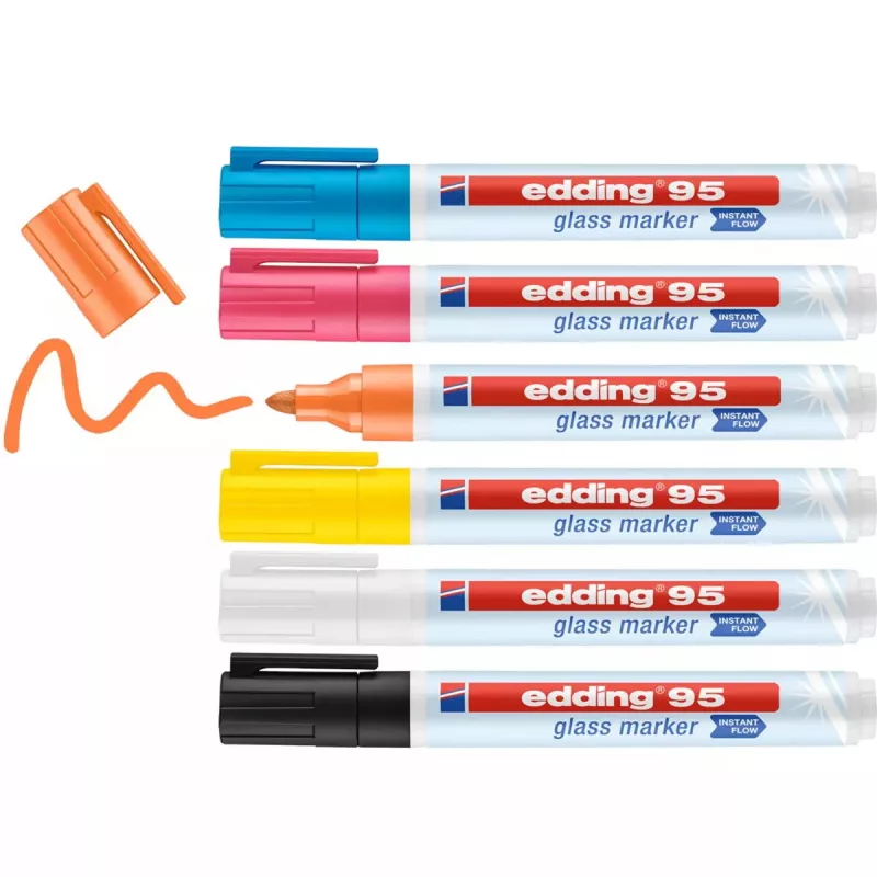 Rotulador para vidrio Edding 95 6 uds. punta redonda negro azul naranja rosa blanco amarillo