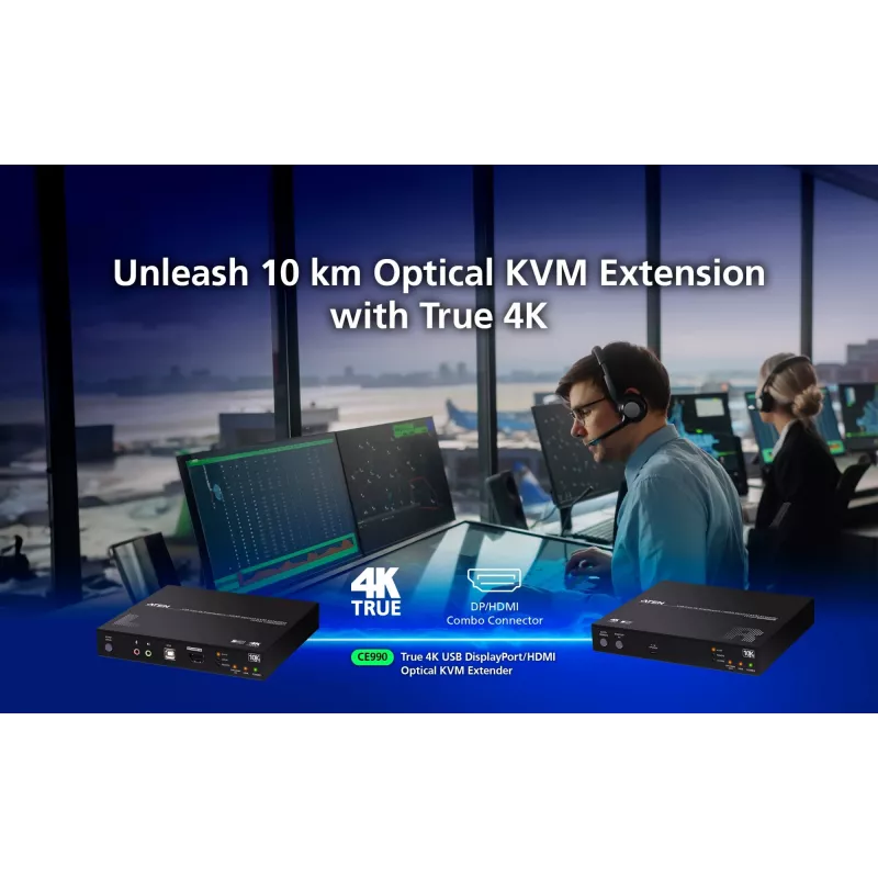 ATEN True 4K DP/HDMI Optical KVM 10km, transmisor y receptor, cableado, 10000 m, 4096 x 2160 píxeles, negro, metal