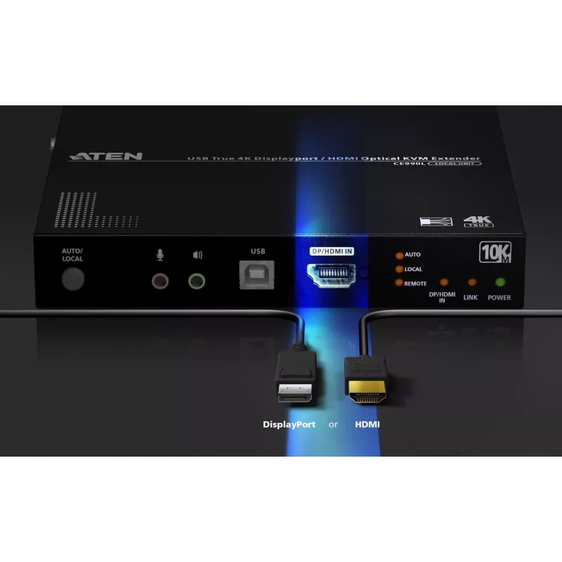 ATEN True 4K DP/HDMI Optical KVM 10km, transmisor y receptor, cableado, 10000 m, 4096 x 2160 píxeles, negro, metal