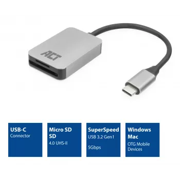 Lector de tarjetas ACT AC7056 USB 3.2 Gen 1 Type-C Gris MicroSD SD