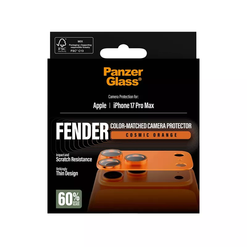 Protector de cámara PanzerGlass Fender para iPhone 17 Pro Max, silicona, Cosmic Orange, resistente a arañazos y golpes
