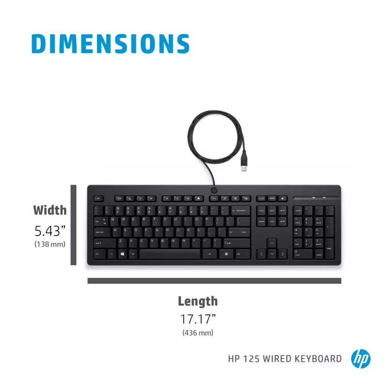 Teclado con cable HP 125 tamaño completo USB membrana QWERTY negro