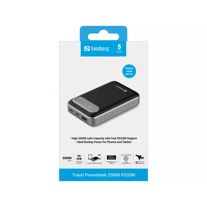 Batería externa de viaje Sandberg 20000 PD35W, 20000 mAh, polímero de litio (LiPo), 3.7 V, negro, plata