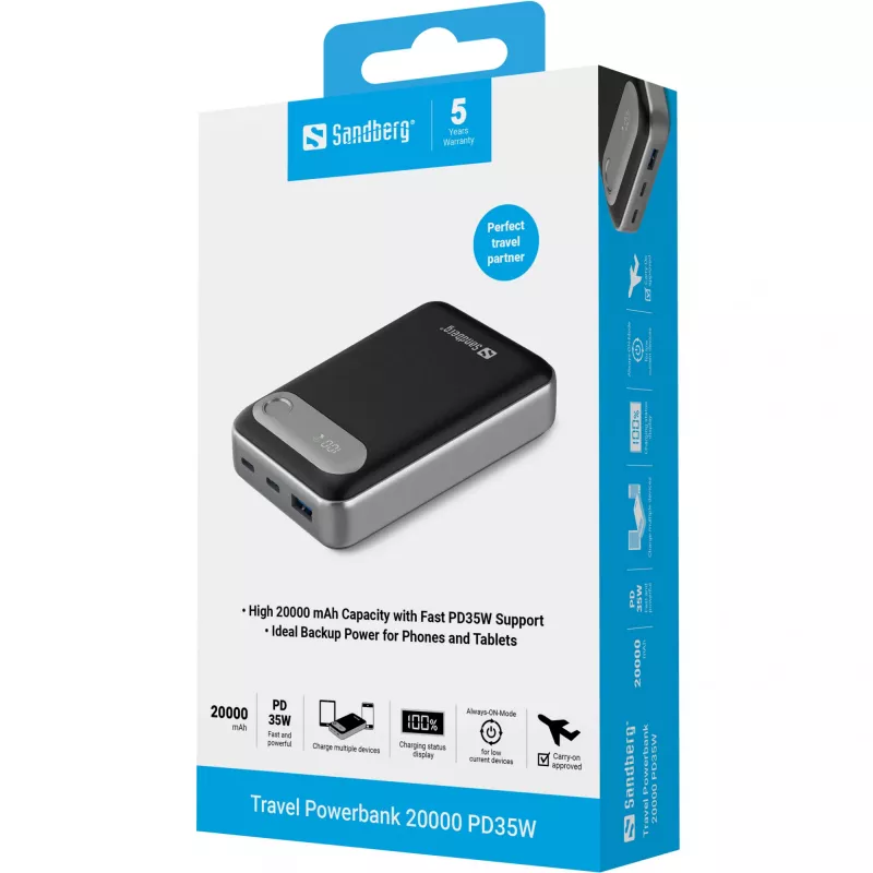 Batería externa de viaje Sandberg 20000 PD35W, 20000 mAh, polímero de litio (LiPo), 3.7 V, negro, plata