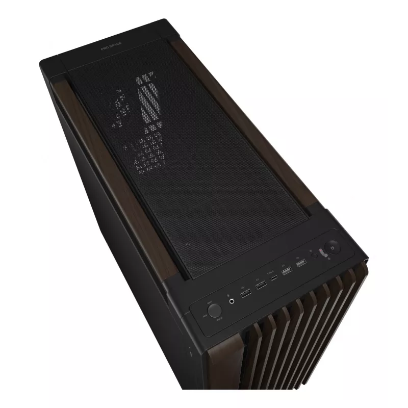 Caja de PC ASUS ProArt PA602 Wood Edition Midi Tower — negra y madera, compatible con ATX/EATX, 2x200 mm frontal, 1x140 mm trasero