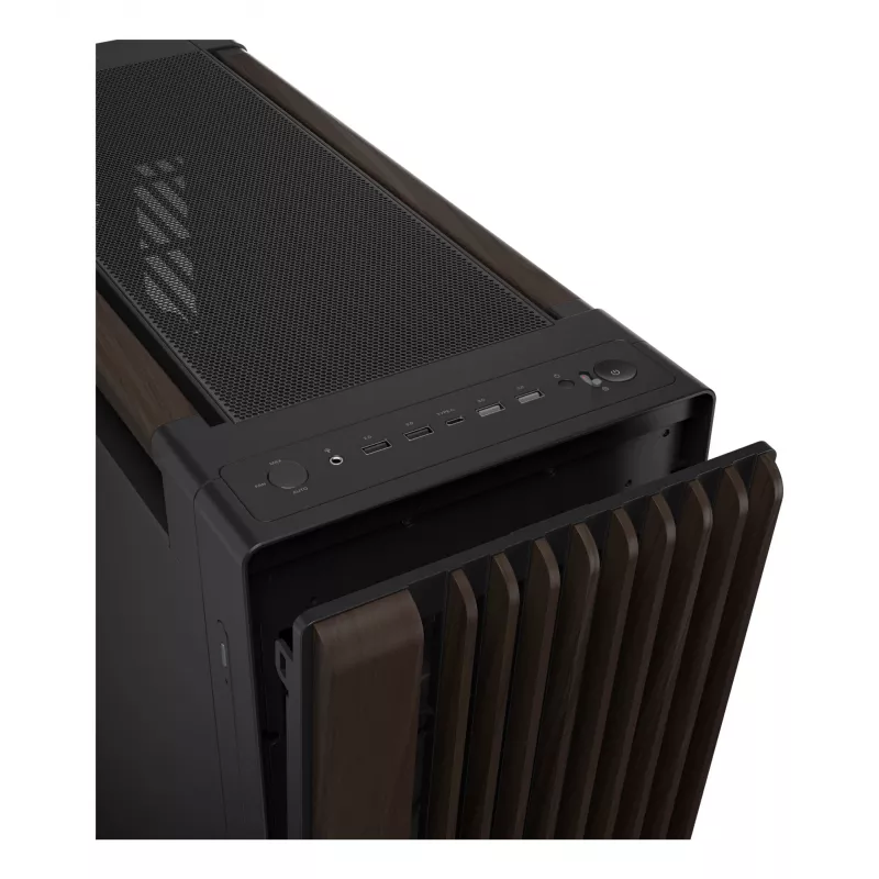 Caja de PC ASUS ProArt PA602 Wood Edition Midi Tower — negra y madera, compatible con ATX/EATX, 2x200 mm frontal, 1x140 mm trasero