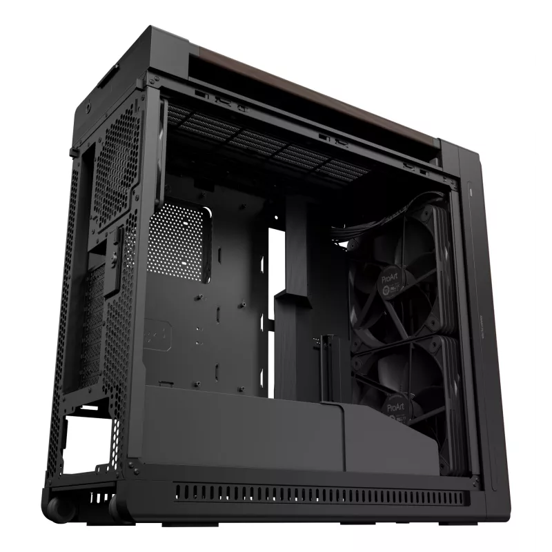 Caja de PC ASUS ProArt PA602 Wood Edition Midi Tower — negra y madera, compatible con ATX/EATX, 2x200 mm frontal, 1x140 mm trasero