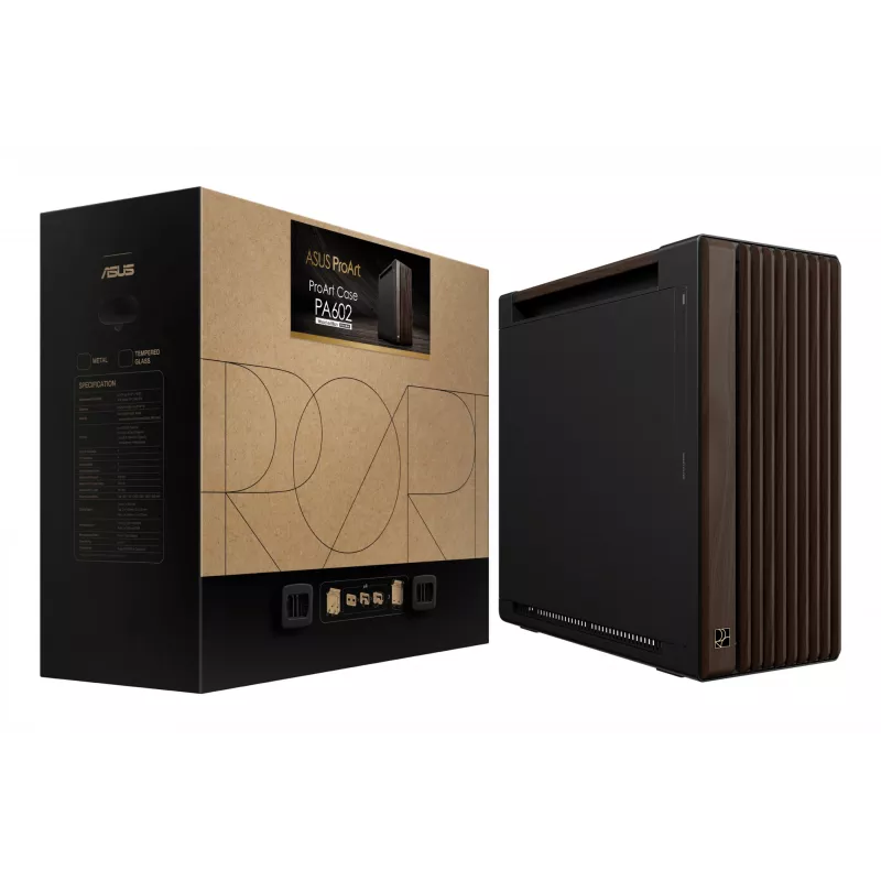 Caja de PC ASUS ProArt PA602 Wood Edition Midi Tower — negra y madera, compatible con ATX/EATX, 2x200 mm frontal, 1x140 mm trasero