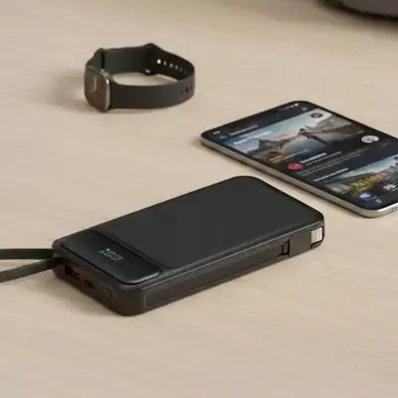 Batería externa MediaRange MRMA753 10.000 mAh LiPo con cables integrados, pantalla LCD, USB-C PD y Quick Charge, negra