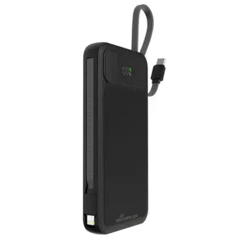 Batería externa MediaRange MRMA753 10.000 mAh LiPo con cables integrados, pantalla LCD, USB-C PD y Quick Charge, negra
