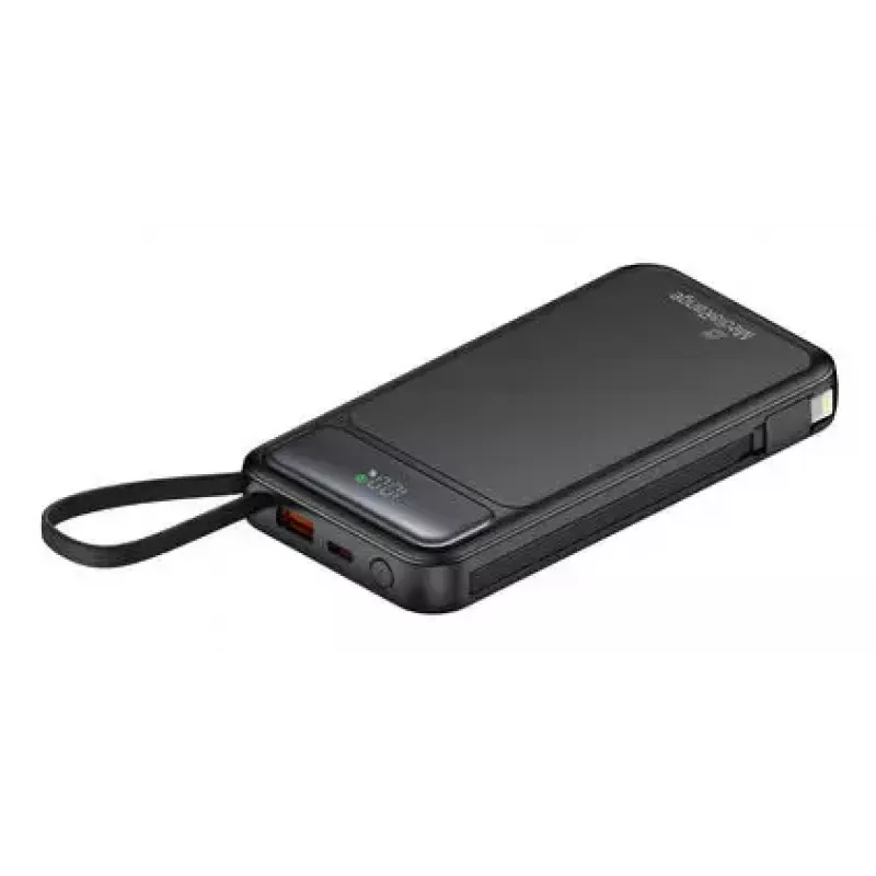 Batería externa MediaRange MRMA753 10.000 mAh LiPo con cables integrados, pantalla LCD, USB-C PD y Quick Charge, negra
