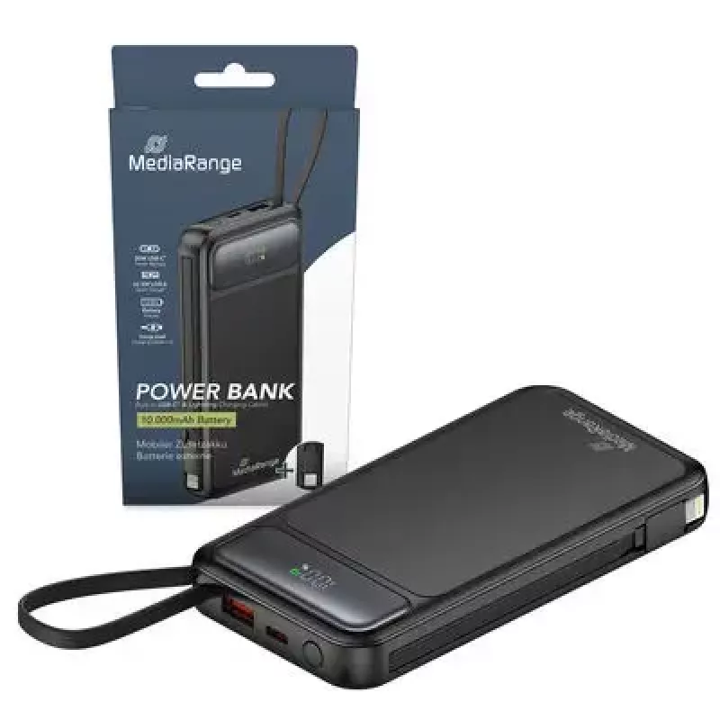 Batería externa MediaRange MRMA753 10.000 mAh LiPo con cables integrados, pantalla LCD, USB-C PD y Quick Charge, negra