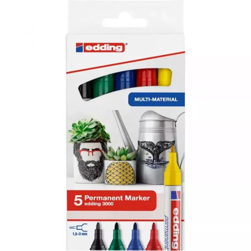 Rotulador permanente Edding 3000 punta redonda colores surtidos 5 unidades