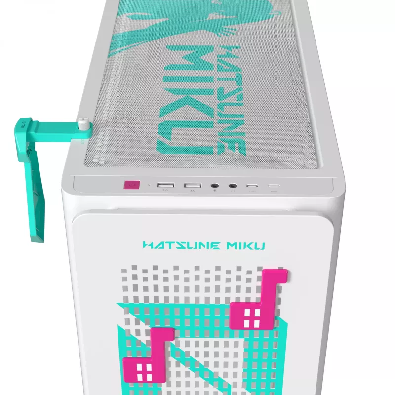 Caja para PC ASUS A23 Hatsune Miku Edition — micro-ATX / Mini-ITX, compatible con ventiladores de 120/140 mm, unidades de 2,5 y 3,5 pulgadas, turquesa/blanco