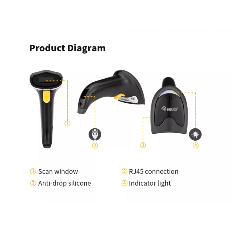 Lector de códigos de barras de mano Equip 1D Láser USB cableado Negro ABS