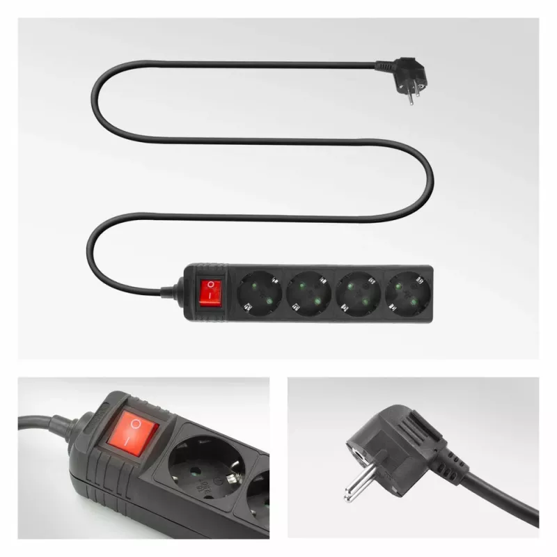 Regleta de enchufes ACT con interruptor iluminado, 4 tomas, 2 m, negra