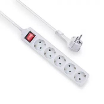 Regleta de enchufes ACT con interruptor iluminado y enchufe plano, 5 tomas, 1,5 m, blanca