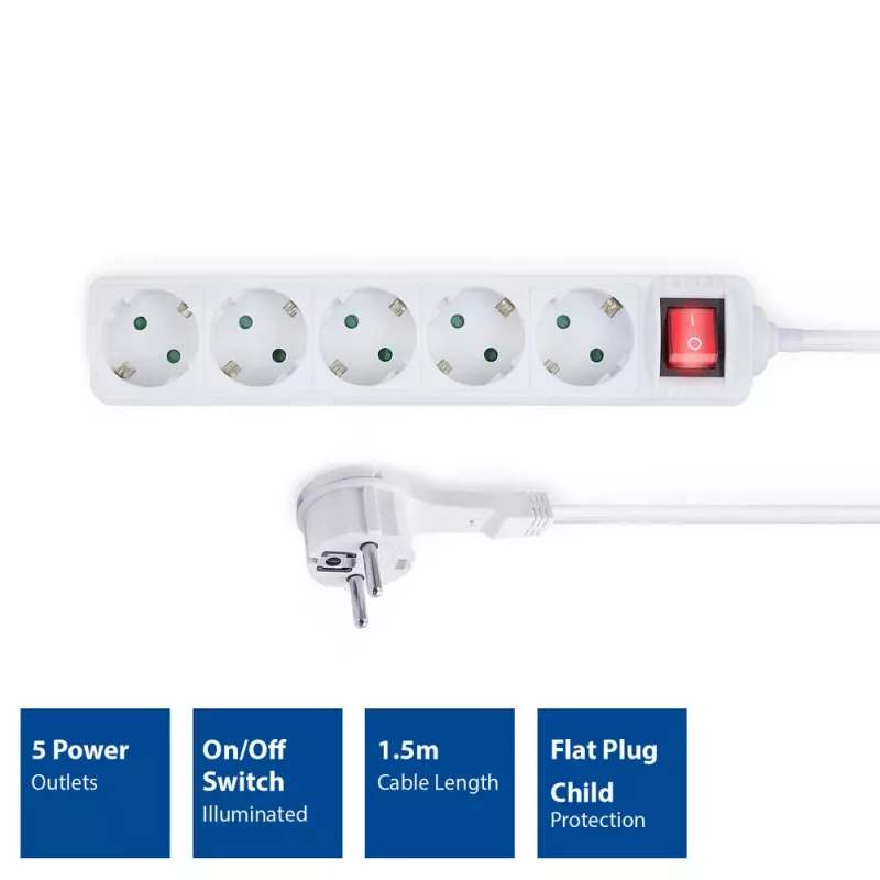 Regleta de enchufes ACT con interruptor iluminado y enchufe plano, 5 tomas, 1,5 m, blanca