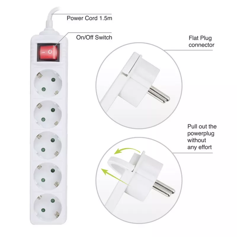 Regleta de enchufes ACT con interruptor iluminado y enchufe plano, 5 tomas, 1,5 m, blanca