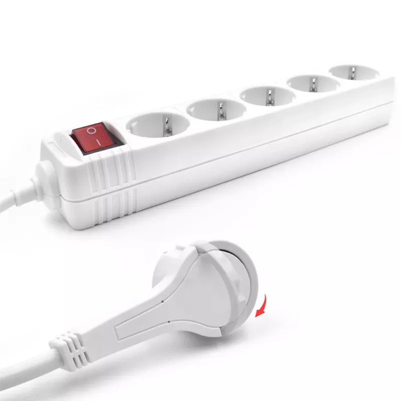 Regleta de enchufes ACT con interruptor iluminado y enchufe plano, 5 tomas, 1,5 m, blanca
