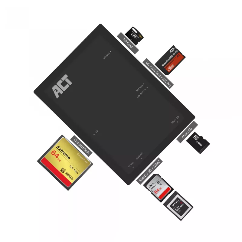 Lector de tarjetas ACT USB 3.0 AC6370 CF MMC MS Duo MicroSD SDHC negro