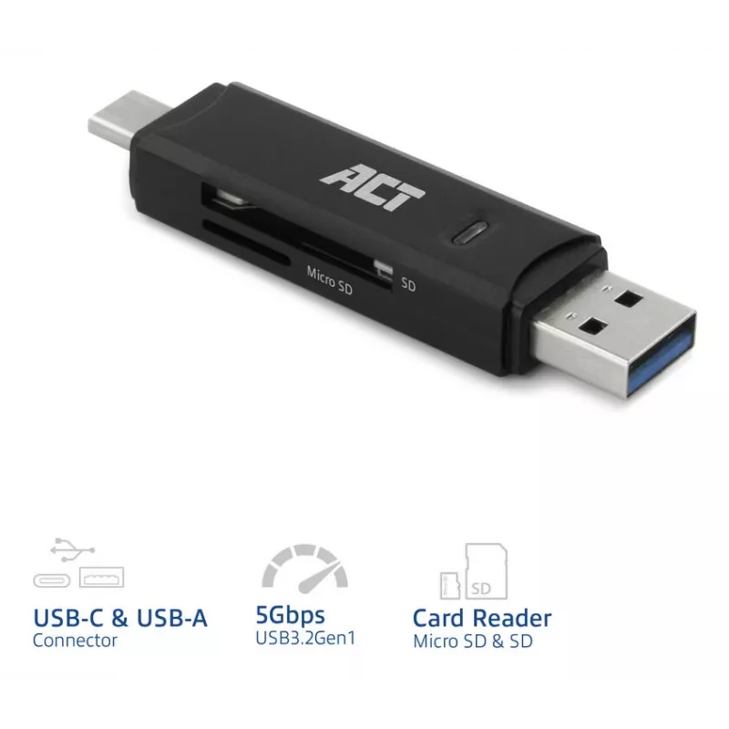 Lector de tarjetas ACT USB-C/USB-A 3.0 negro