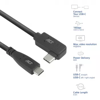 Cable ACT USB 3.0 10Gbps 60W de USB Type-C (recto) a USB Type-C (acodado izquierda/derecha), 0,5 metros