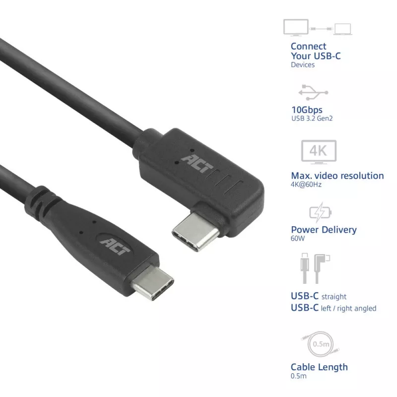 Cable ACT USB 3.0 10Gbps 60W de USB Type-C (recto) a USB Type-C (acodado izquierda/derecha), 0,5 metros