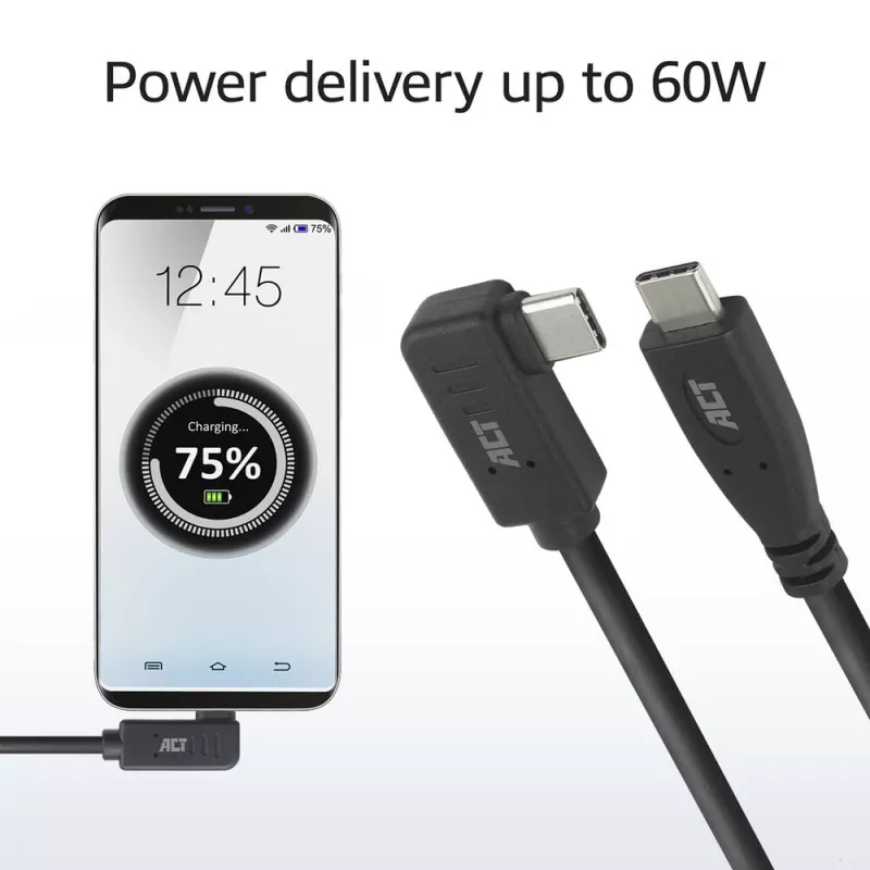 Cable ACT USB 3.0 10Gbps 60W de USB Type-C (recto) a USB Type-C (acodado izquierda/derecha), 3 metros