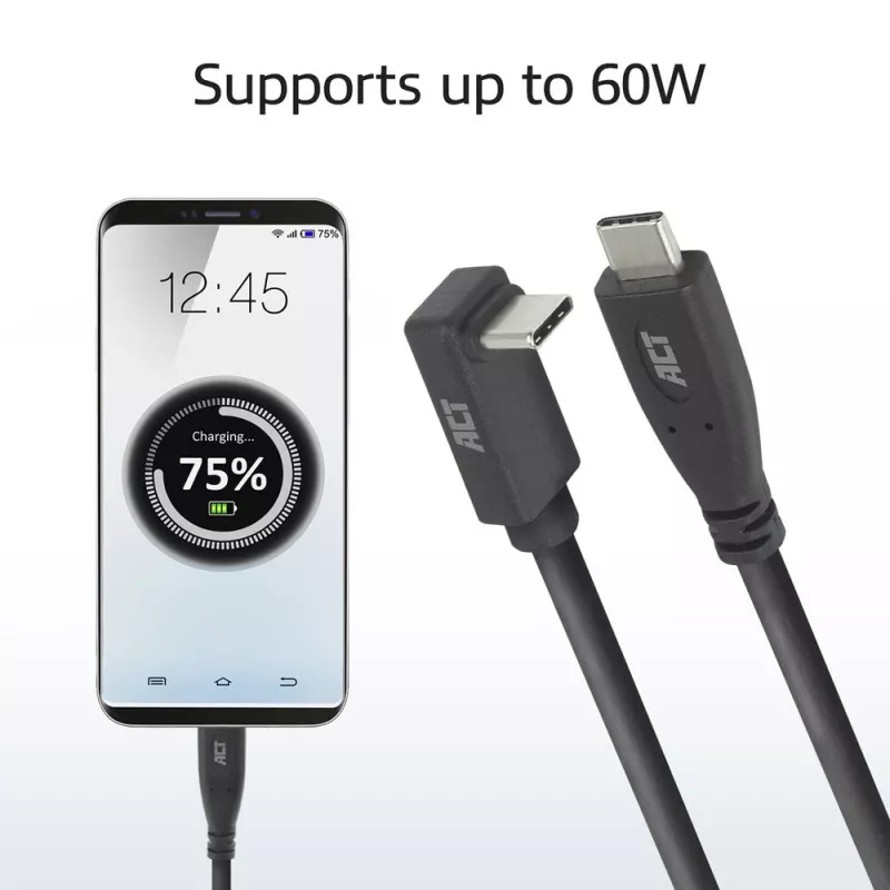 Cable ACT USB 3.0 10Gbps 60W de USB Type-C (recto) a USB Type-C (acodado arriba/abajo), 1 metro
