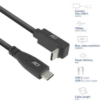 Cable ACT USB 3.0 10Gbps 60W de USB Type-C (recto) a USB Type-C (acodado arriba/abajo), 2 metros