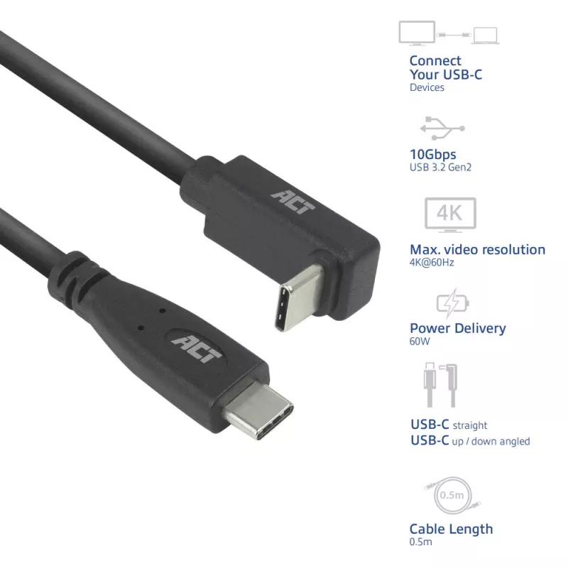 Cable ACT USB 3.0 10Gbps 60W de USB Type-C (recto) a USB Type-C (acodado arriba/abajo), 2 metros