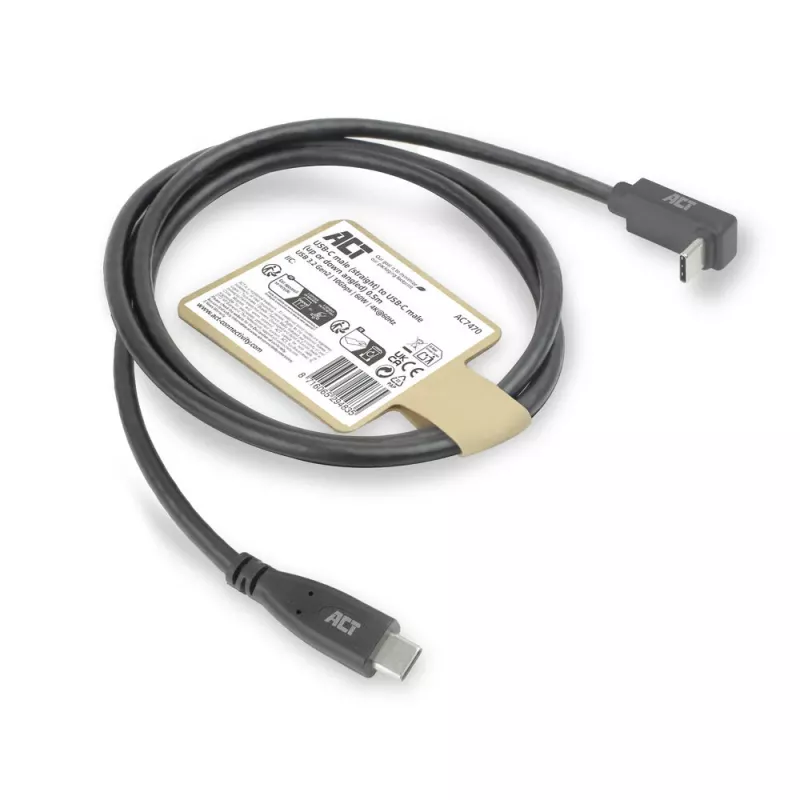 Cable ACT USB 3.0 10Gbps 60W de USB Type-C (recto) a USB Type-C (acodado arriba/abajo), 2 metros