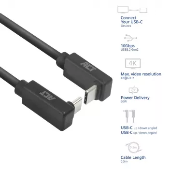 Cable ACT USB 3.0 10Gbps 60W de USB Type-C (acodado arriba/abajo) a USB Type-C (acodado arriba/abajo), 1 metro