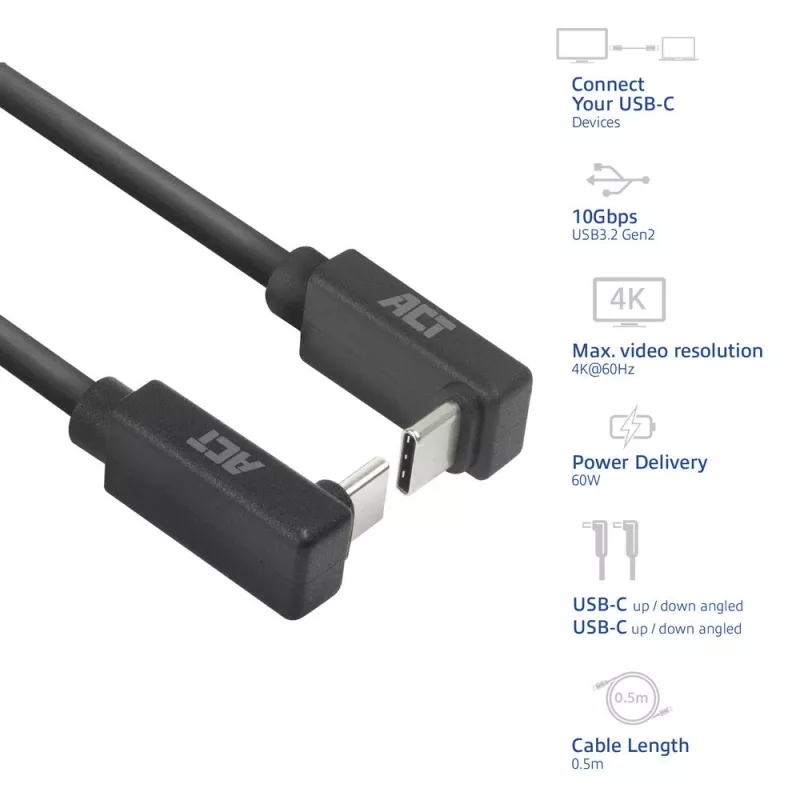 Cable ACT USB 3.0 10Gbps 60W de USB Type-C (acodado arriba/abajo) a USB Type-C (acodado arriba/abajo), 1 metro