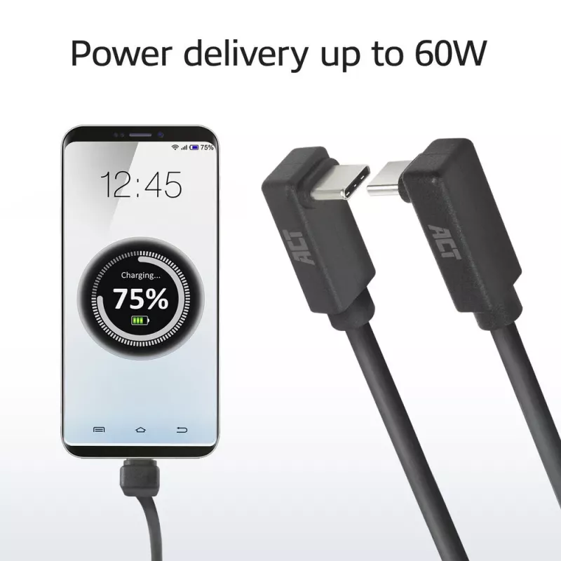 Cable ACT USB 3.0 10Gbps 60W de USB Type-C (acodado arriba/abajo) a USB Type-C (acodado arriba/abajo), 2 metros