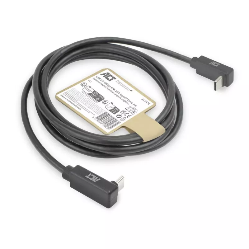 Cable ACT USB 3.0 10Gbps 60W de USB Type-C (acodado arriba/abajo) a USB Type-C (acodado arriba/abajo), 2 metros
