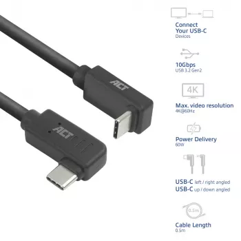 Cable ACT USB 3.0 10 Gbit/s 60 W de USB Type-C (acodado izquierda/derecha) a USB Type-C (acodado arriba/abajo), 1 metro