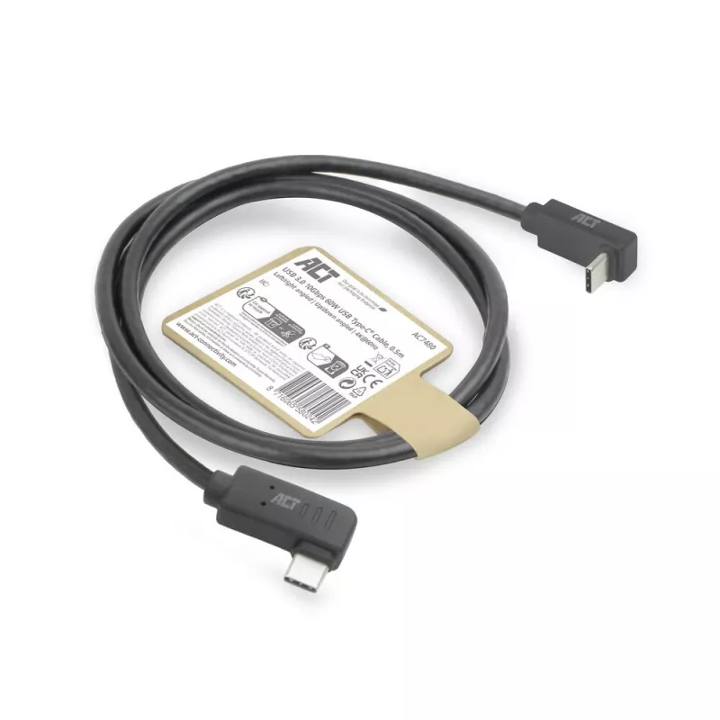 Cable ACT USB 3.0 10Gbps 60W de USB Type-C (acodado izquierda/derecha) a USB Type-C (acodado arriba/abajo), 2 metros