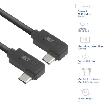 Cable ACT USB 3.0 10Gbps 60W de USB Type-C (acodado izquierda/derecha) a USB Type-C (acodado izquierda/derecha), 0,5 metros