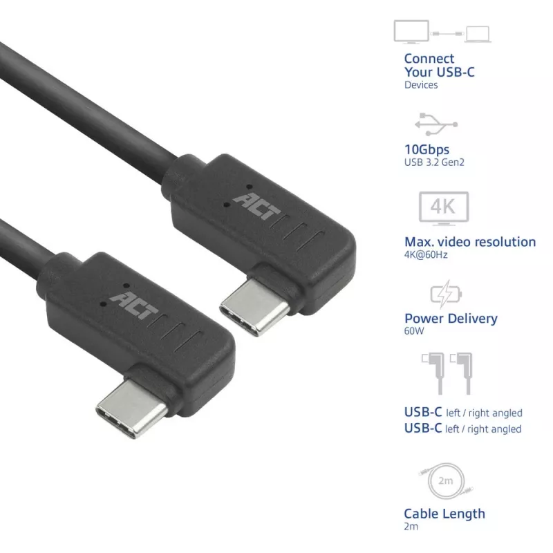 Cable ACT USB 3.0 10Gbps 60W de USB Type-C (acodado izquierda/derecha) a USB Type-C (acodado izquierda/derecha), 0,5 metros