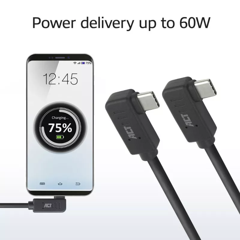 Cable ACT USB 3.0 10 Gbit/s 60 W de USB Type-C (acodado izquierda/derecha) a USB Type-C (acodado izquierda/derecha), 1 metro